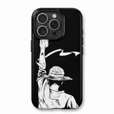 Monkey D Luffy One Piece Back View Raised Arm Straw Hat Pure Black White Minimal Silhouette Anime Art Protective Phone Case
