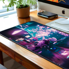 Cyberpunk Edgerunners Desk Mat Purple Hair Girl Neon Cherry Blossom Night City Large Gaming Mouse Pad
