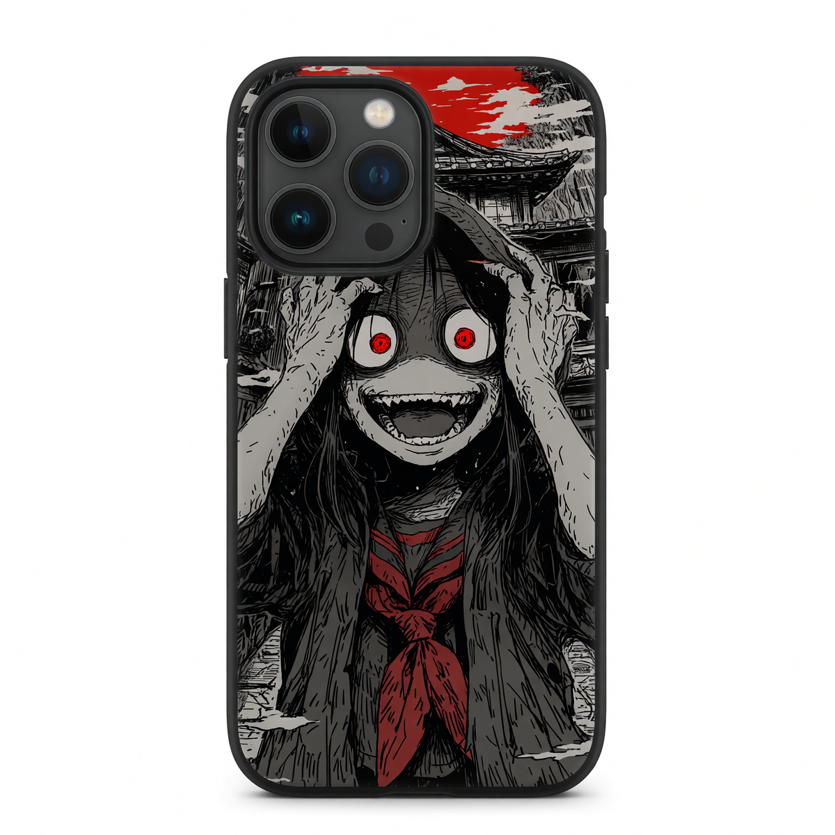 Dark Horror Anime School Girl Red Eyes Fang Smile Japanese Temple Blood Sky Junji Ito Protective Phone Case