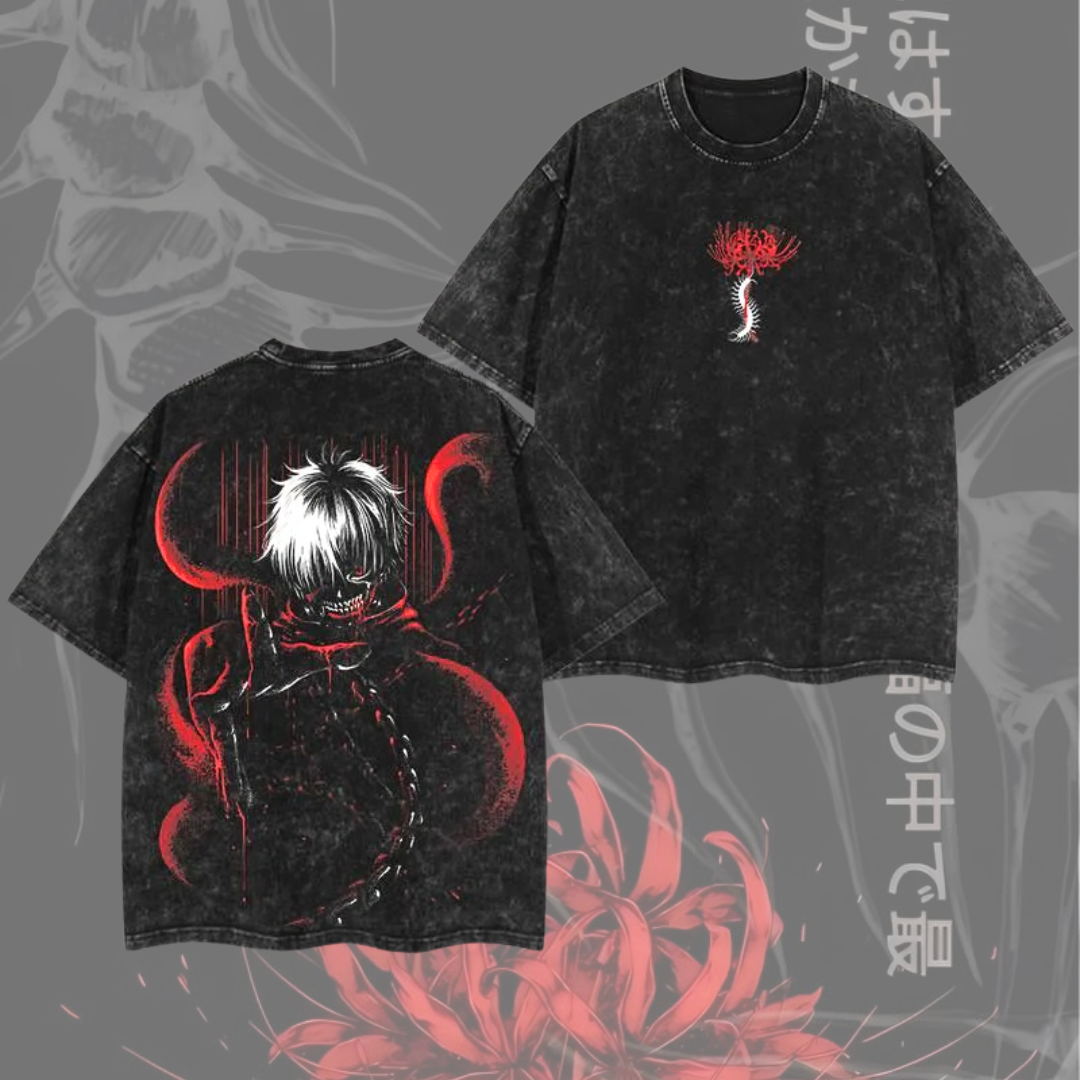 Morukai "Ken Kaneki Red Spider Lily Centipede" Tokyo Ghoul Vintage Washed Oversized T-Shirt