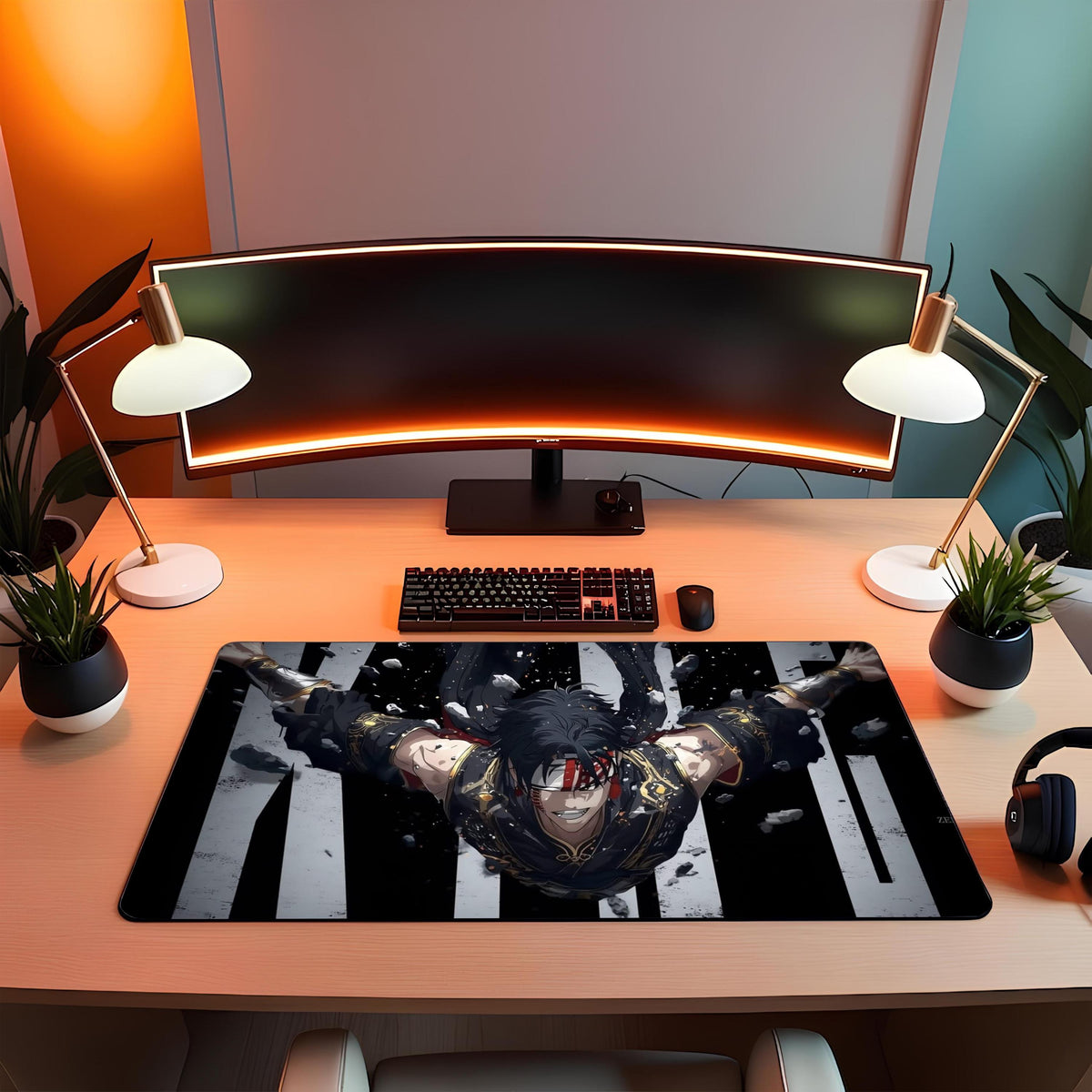 Dark Warrior Anime Desk Mat Black Gold Armor Falling Battle Scene Large Gaming Mouse Pad