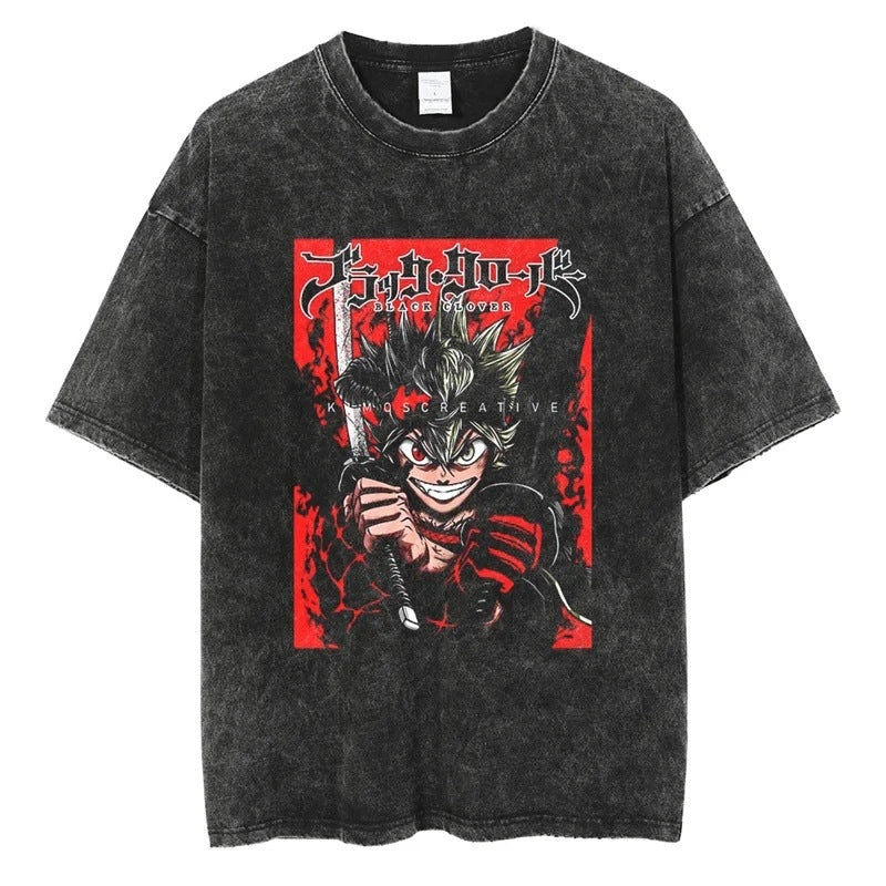Morukai "Asta" Black Clover Vintage Washed Oversized T-Shirt