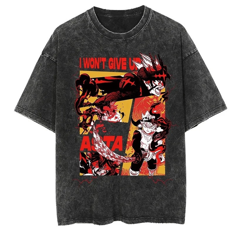Morukai "Never Give Up" Black Clover Vintage Washed Oversized T-Shirt