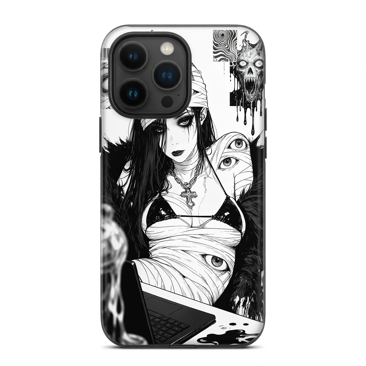 Dark Horror Anime Girl Black White Bandage Eyes Cross Skull Demon Original Art Protective Phone Case