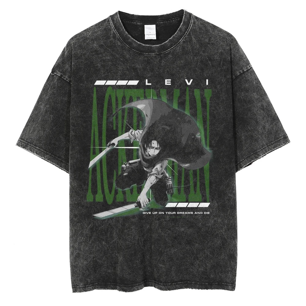 Morukai "Captain Levi Ackerman Humanity Strongest Soldier" Attack on Titan Vintage Washed Oversized T-Shirt V1