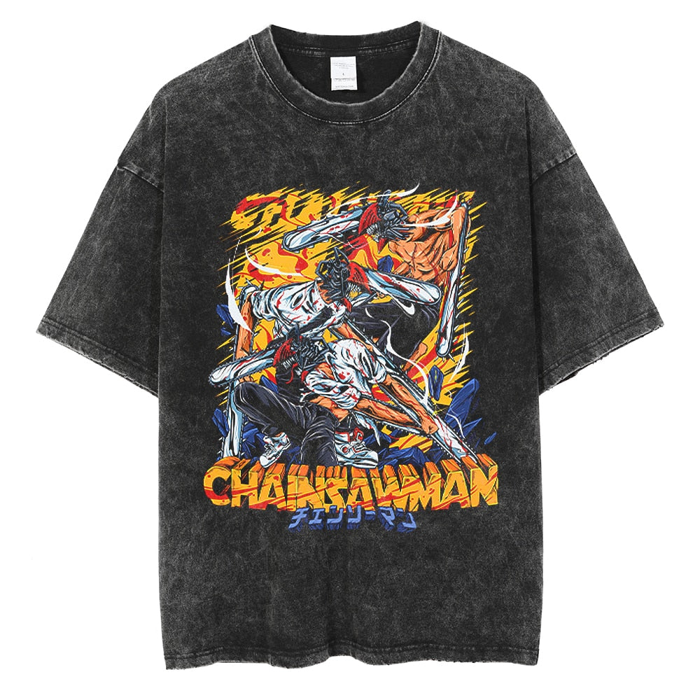 Morukai "Denji Devil-human Hybrid" Chainsaw Man Vintage Washed Oversized T-Shirt V1
