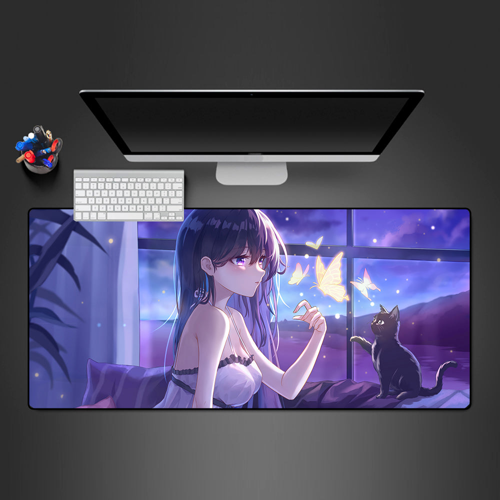 Morukai "Anime Girl, Butterflies, Cat" Original Gaming Mouse Pad