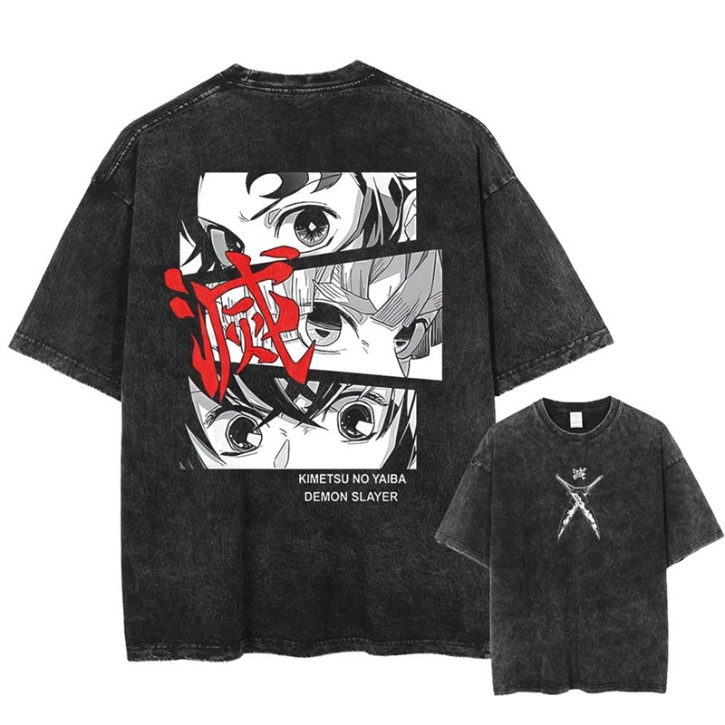 Morukai "Tanjiro Kamado, Zenitsu Agatsuma & Inosuke Hashibira" Demon Slayer Kimetsu no Yaiba Vintage Washed Oversized T-Shirt