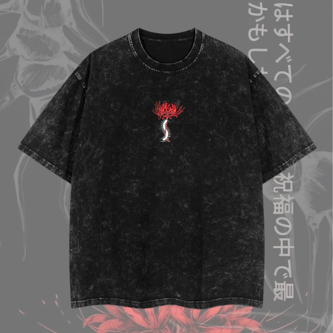 Morukai "Ken Kaneki Red Spider Lily Centipede" Tokyo Ghoul Vintage Washed Oversized T-Shirt