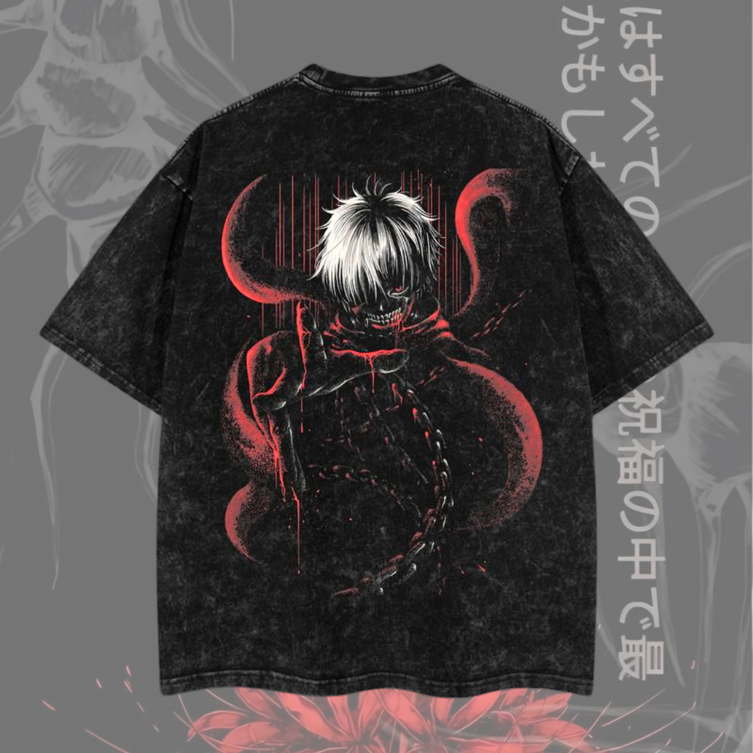 Morukai "Ken Kaneki Red Spider Lily Centipede" Tokyo Ghoul Vintage Washed Oversized T-Shirt