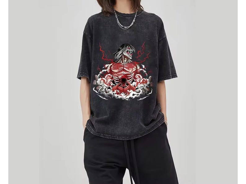 Morukai "Eren Yeager Attack Titans Power" Attack on Titan Vintage Washed Oversized T-Shirt V10