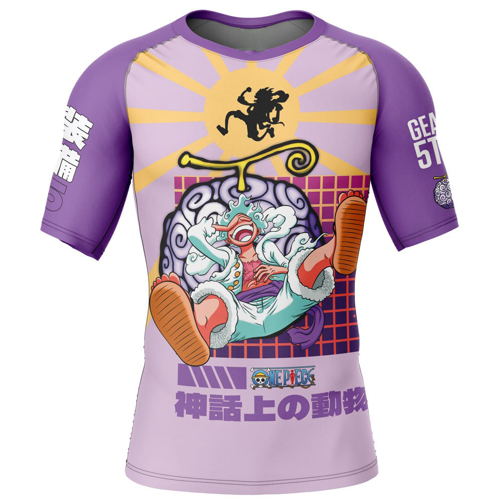 Morukai "Luffy Gear 5 Sun God Nika One Piece Short Sleeve Rash Guard Compression Shirt