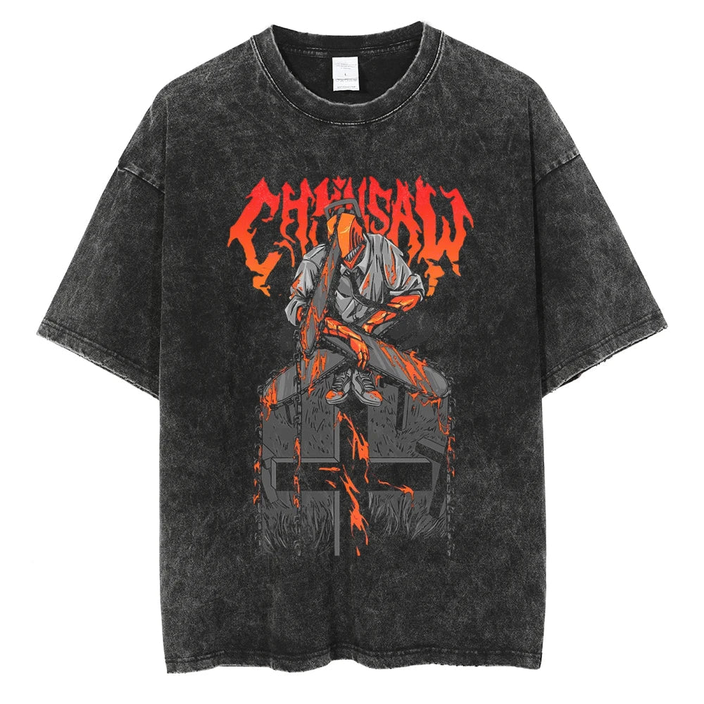 Morukai "Denji Devil-human Hybrid" Chainsaw Man Vintage Washed Oversized T-Shirt V4