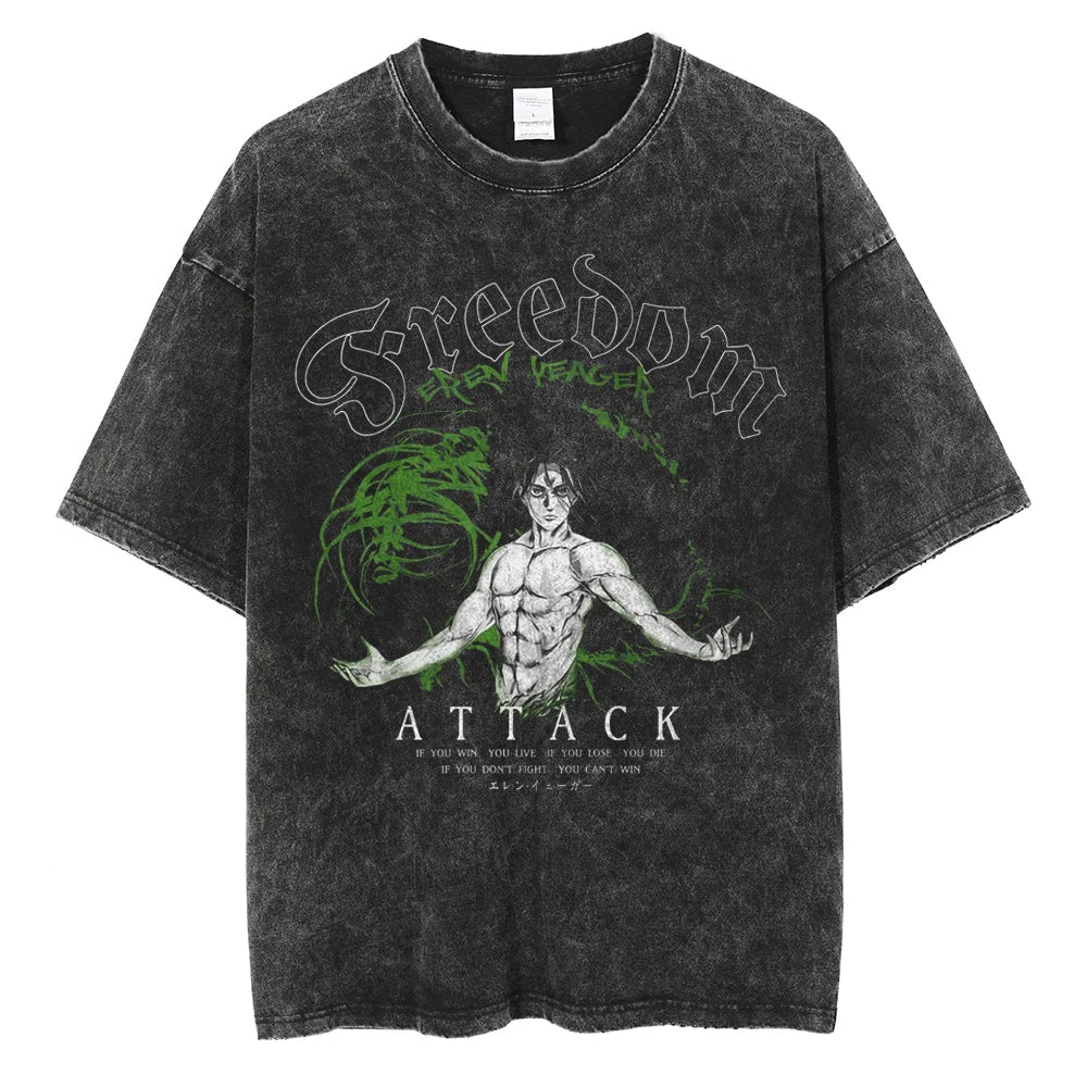 Morukai "Eren Yeagar Freedom If You Win, You Live. If You Lose, You Die. If You Don't Fight, You Can't Win!" Attack on Titan Vintage Washed Oversized T-Shirt
