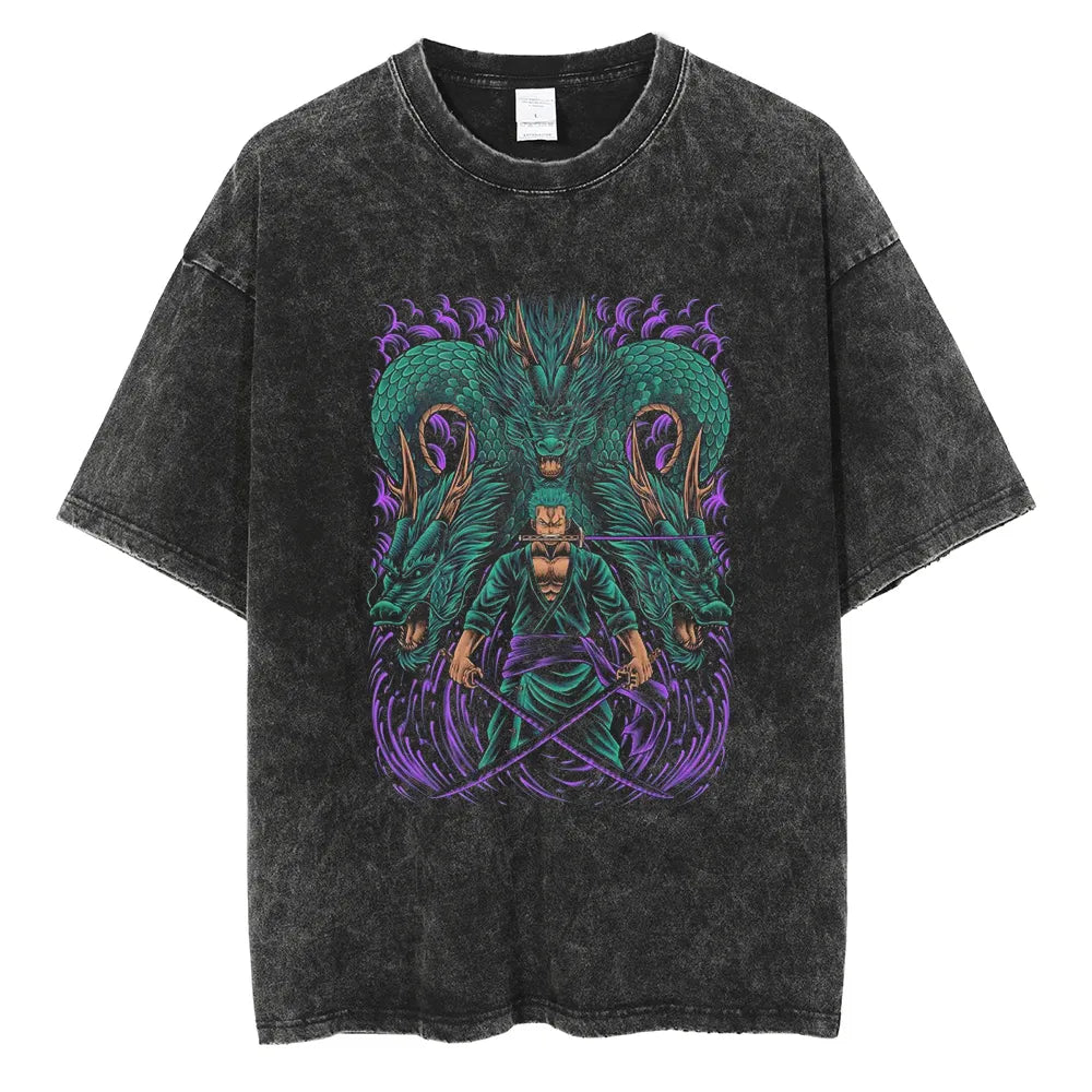 Morukai "Roronoa Zoro 103 Emotions Flying Dragon Samurai Extreme" One Piece Vintage Washed Oversized T-Shirt