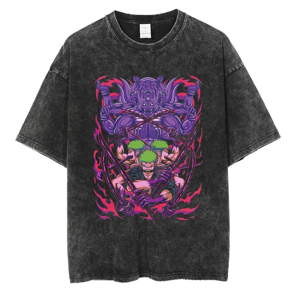 Morukai "Roronoa Zoro Asura Form" One Piece Vintage Washed Oversized T-Shirt V2