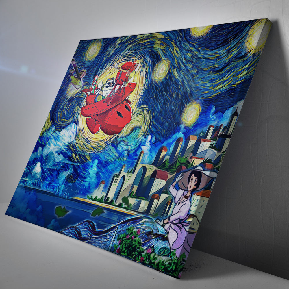 Morukai "Porco Rosso Starry Night Studio Ghibli Canvas Print Wall Art